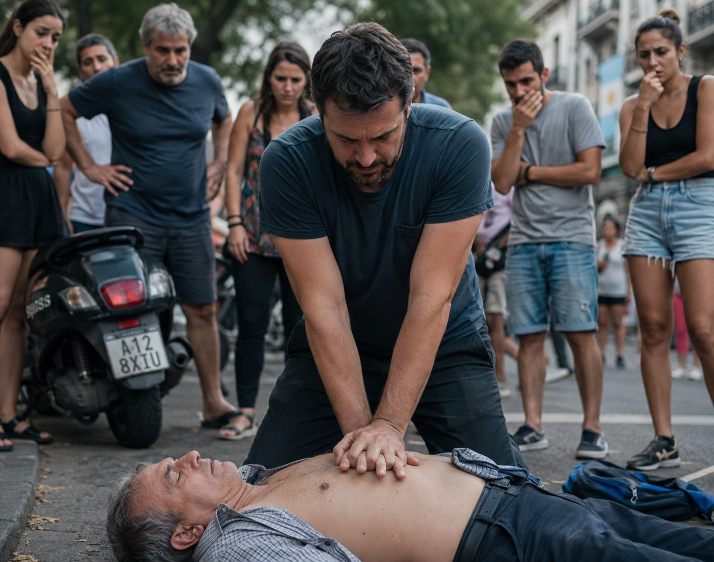 Una persona le hace RCP a otra tendida en la calle, rodeadas de gente que mira.