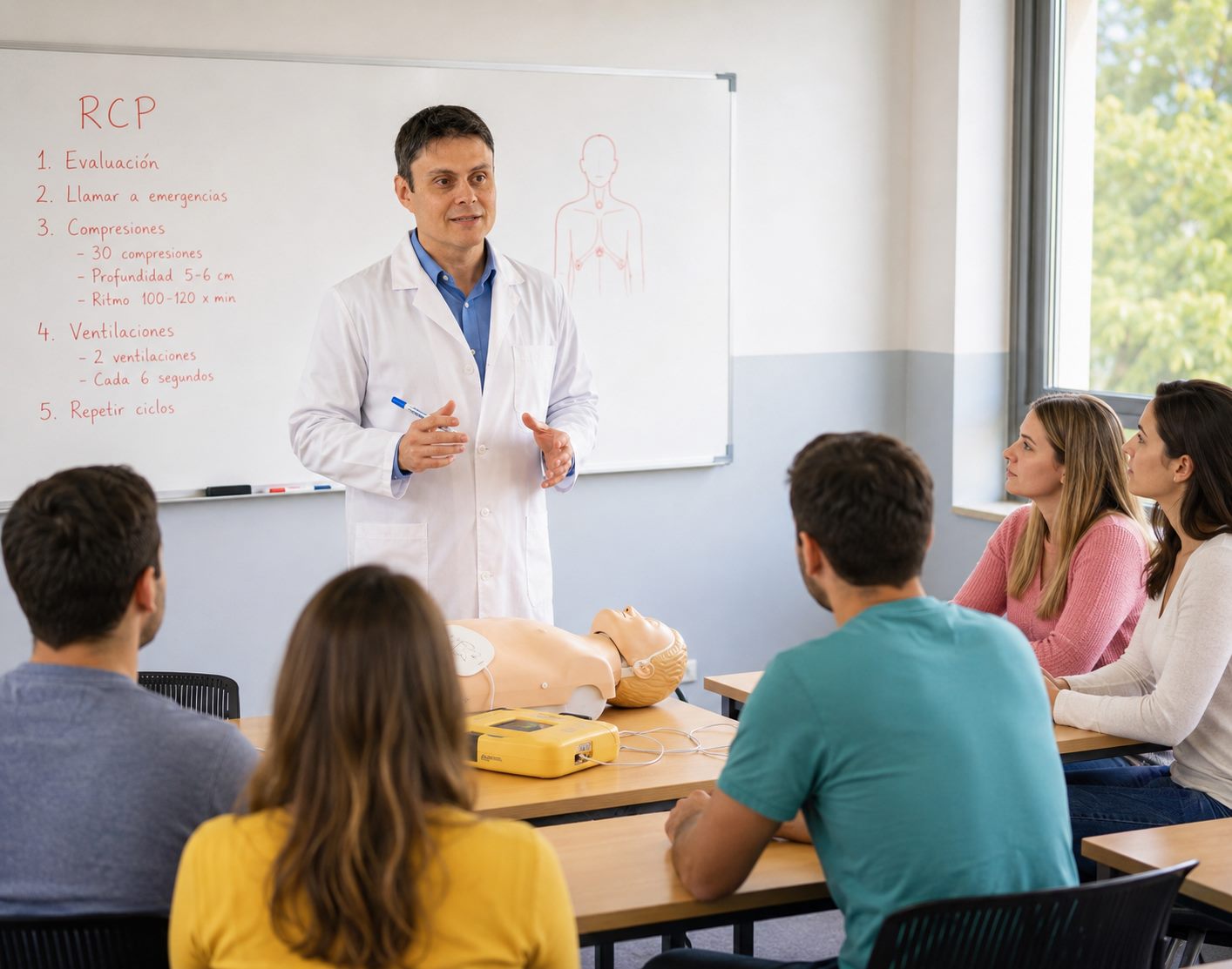 Instructor explicando los pasos de RCP frente a un grupo, con un maniquí de entrenamiento y un desfibrilador sobre la mesa.